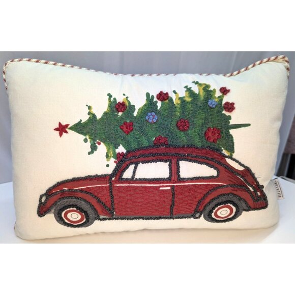 Bella Lux Red Car Embellished Christmas Tree Throw Pillow Feather Filled - Picture 1 of 7